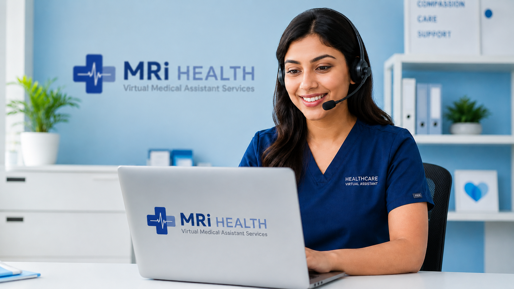Healthcare virtual assistant in navy scrubs working at a laptop